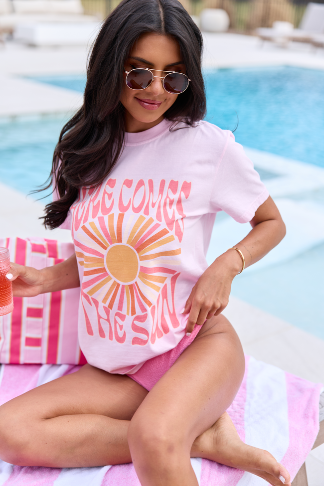 Here Comes The Sun Light Pink Comfort Colors Graphic Tee SALE