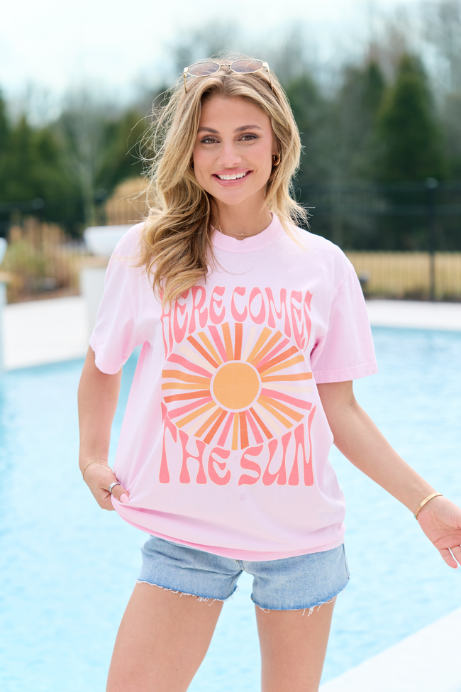 Here Comes The Sun Light Pink Comfort Colors Graphic Tee SALE