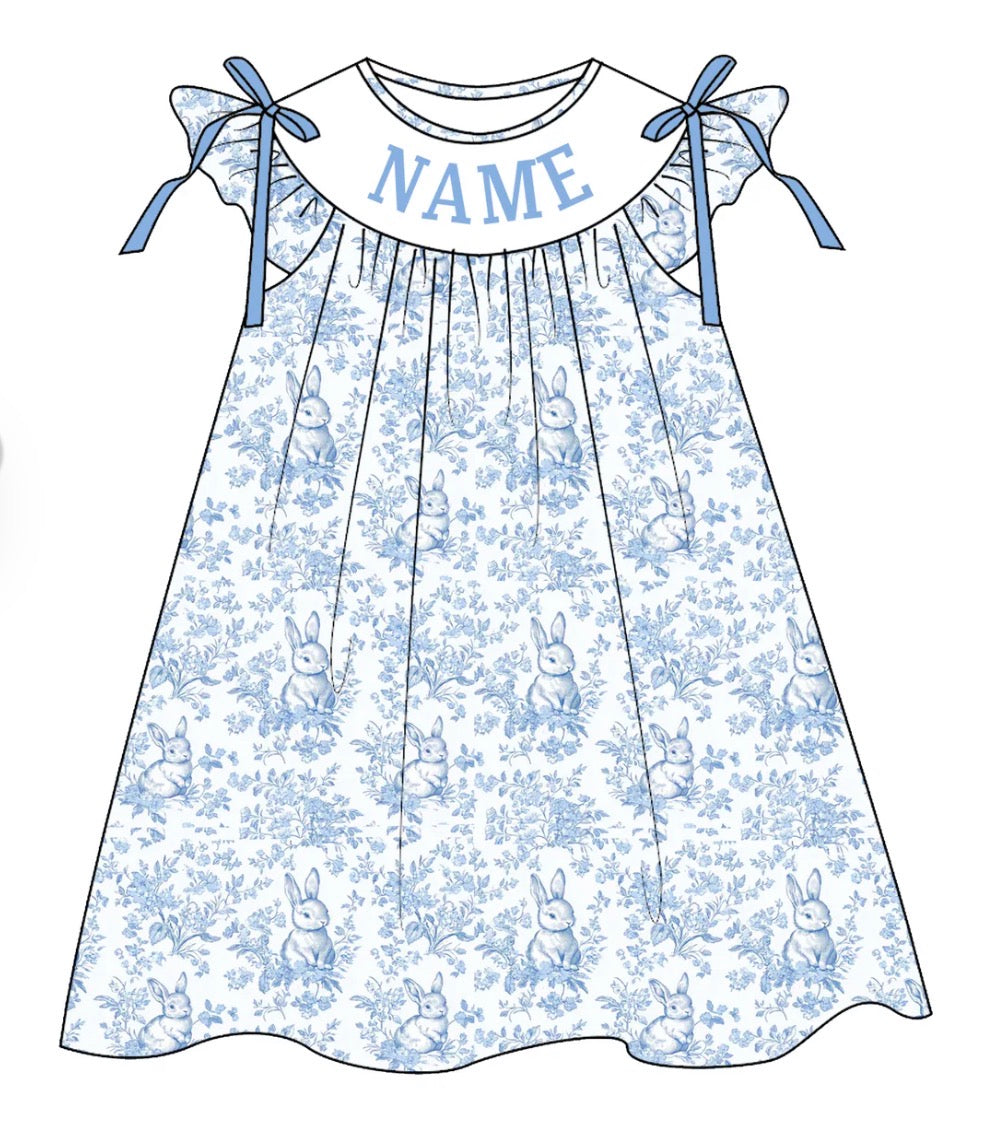 PO- CUSTOM EASTER BUNNY TOILE SMOCKED DRESS