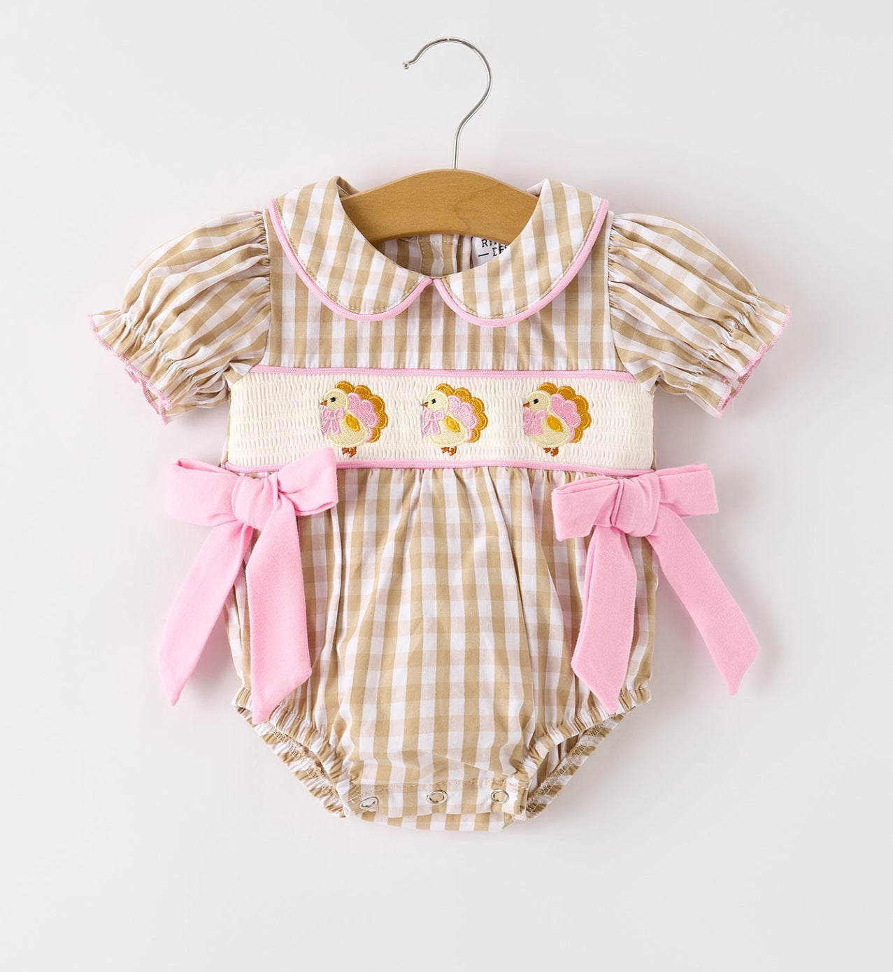 Fall Thanksgiving Lapel Plaid Chick
Embroidery Smocking Bow Baby Girls
Romper