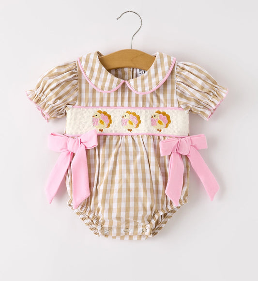 Fall Thanksgiving Lapel Plaid Chick
Embroidery Smocking Bow Baby Girls
Romper
