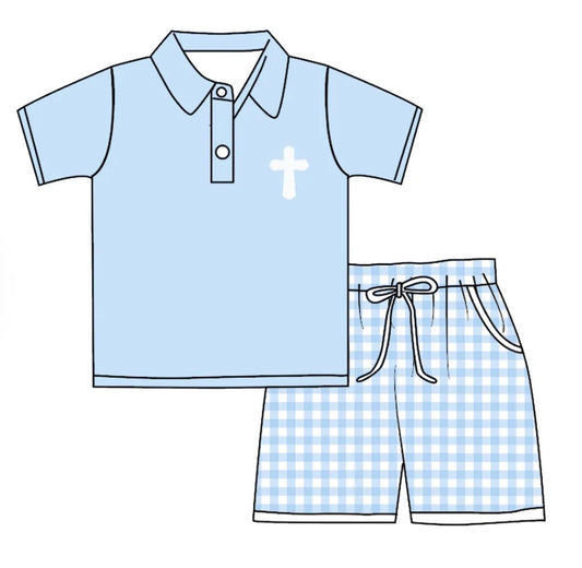 EASTER CROSS EMBROIDERY SMOCKED BOYS SHORTS SET