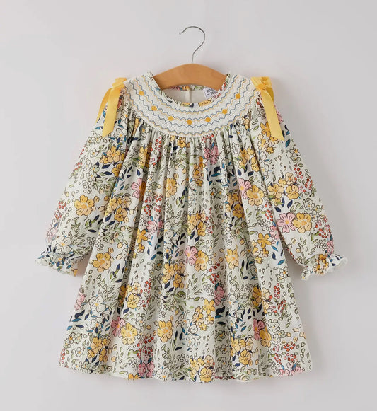 Fall Embroidery Smocking Bow Floral
Leaf Baby Girls Dress
