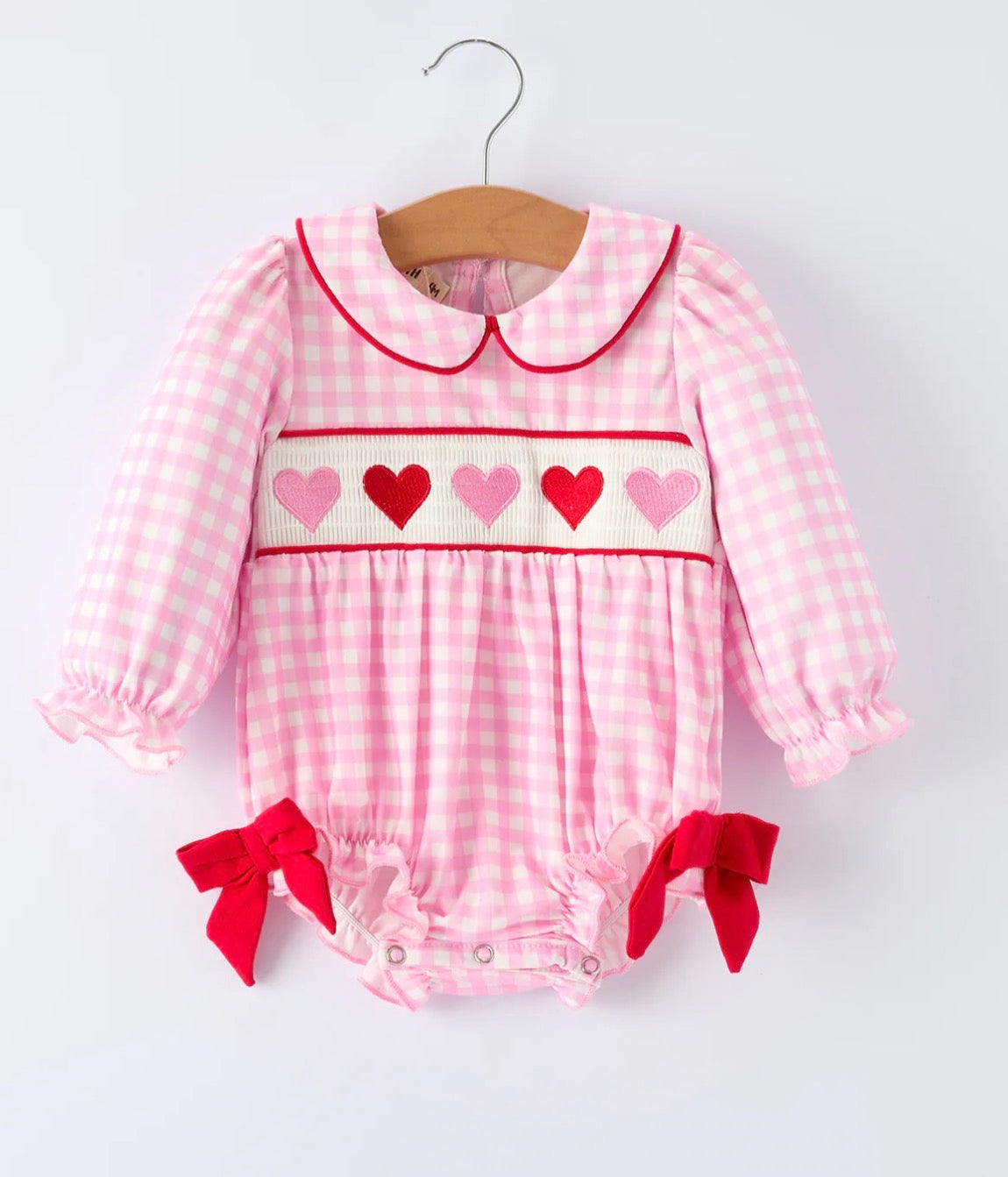 RTS-Girls' Valentine's Day Heart-embroidered Plaid Baby Romper
