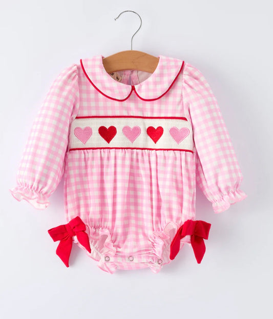 RTS-Girls' Valentine's Day Heart-embroidered Plaid Baby Romper