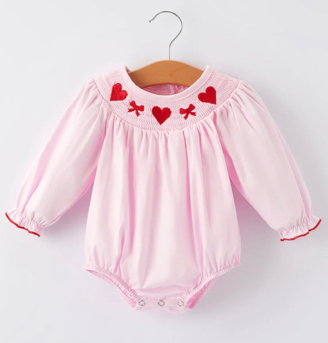 RTS-Pink Smocking Embroidery Long Sleeve Girls Romper