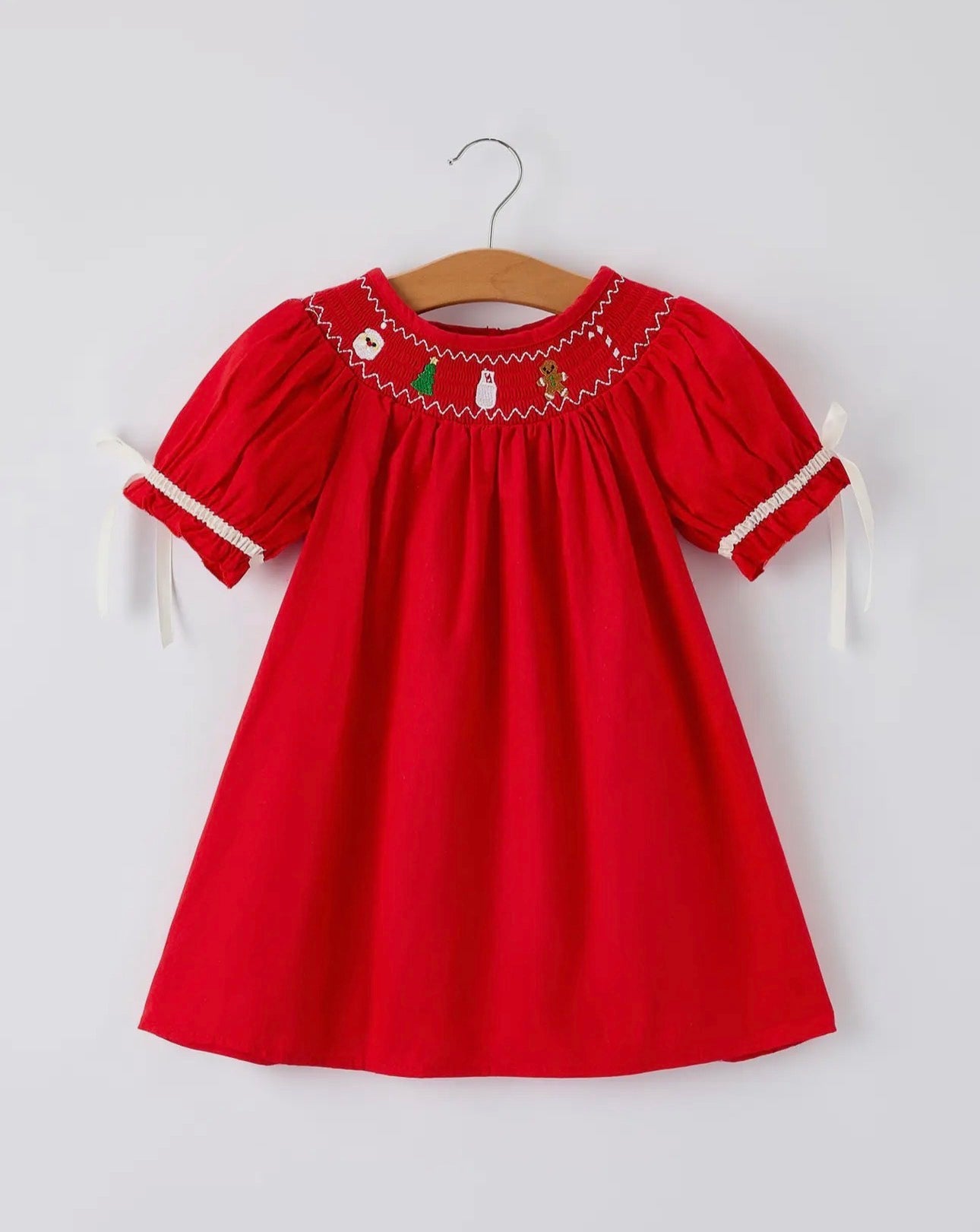 RTS- Christmas Gingerbread Embroidery Red Girls Dress with Bows