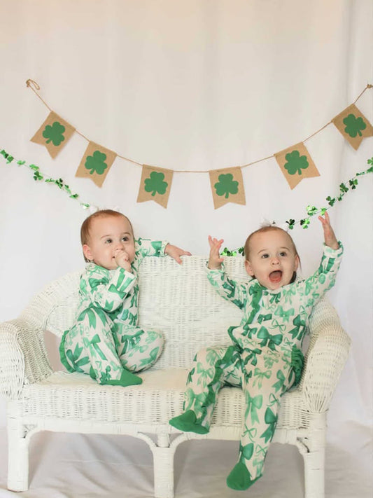 St. Patrick's Day Bow Print  Long Sleeves Baby Girls Romper