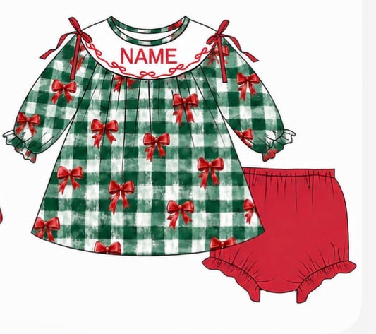 PO- Custom Green Gingham Christmas Bow Bloomer Set