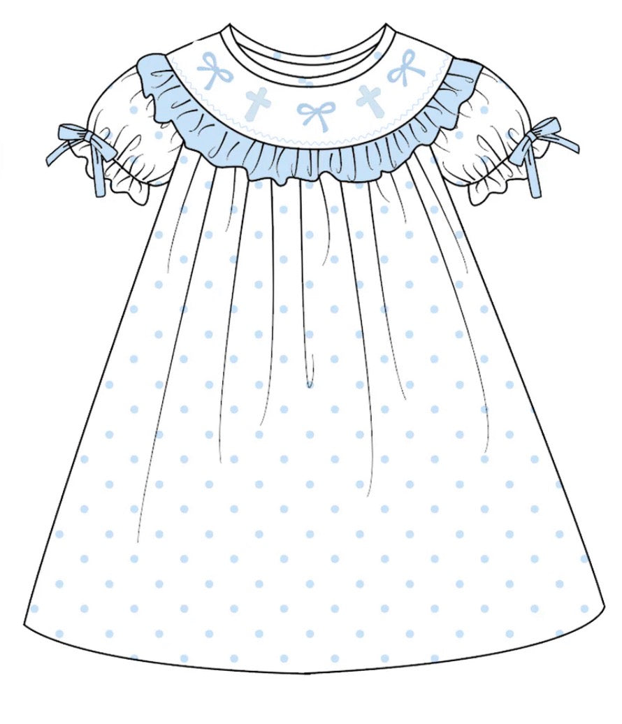 PO- EASTER BOW & CROSS EMBROIDERY SMOCKED DRESS