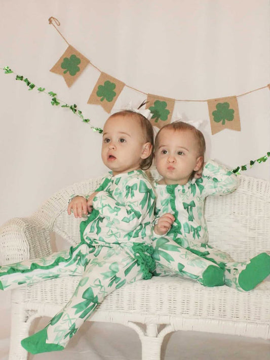 St. Patrick's Day Bow Print  Long Sleeves Baby Girls Romper