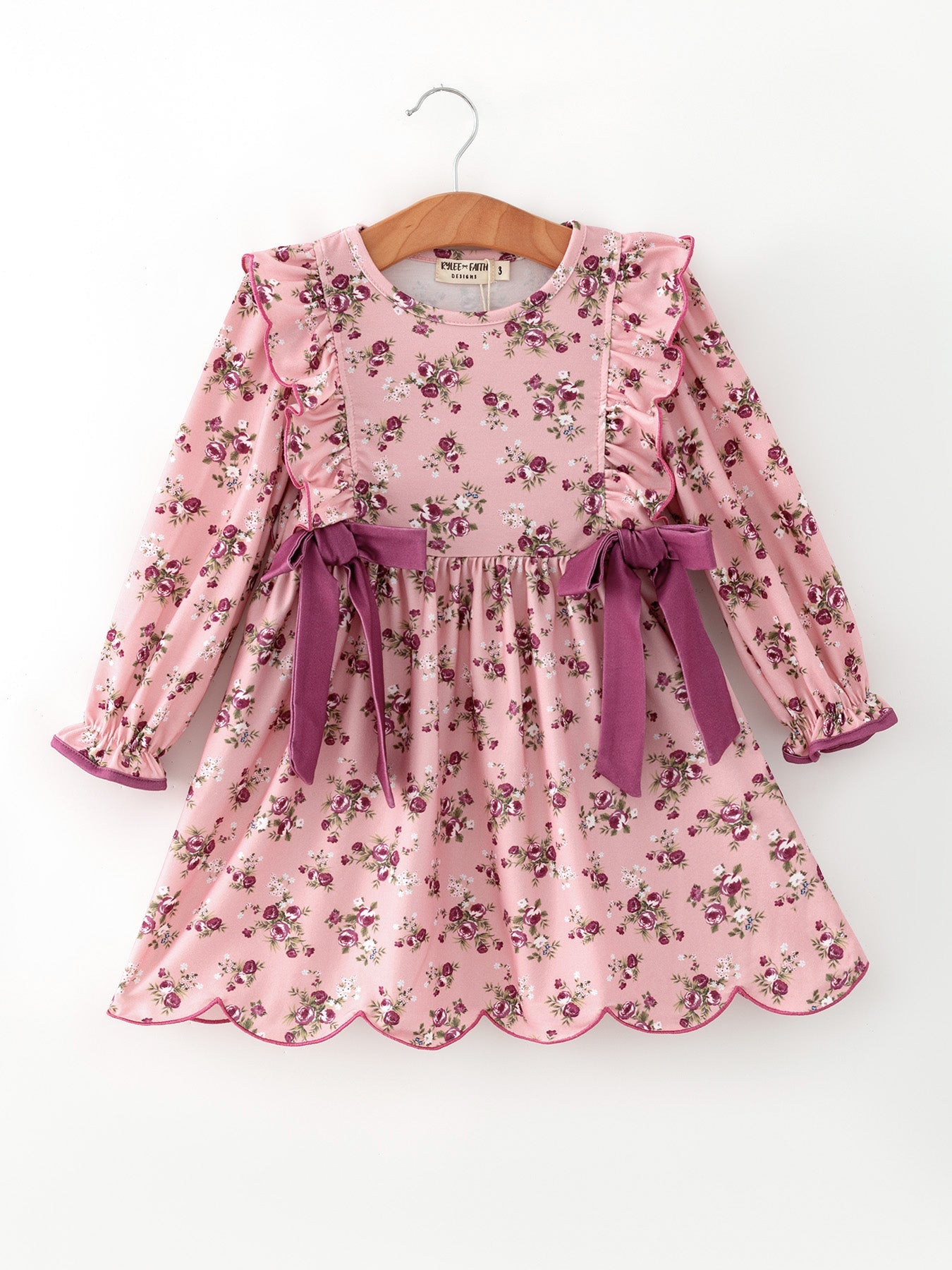 Fall Purple Rose Floral Girl Dress Bow Ruffle Long Sleeve Scalloped Hem