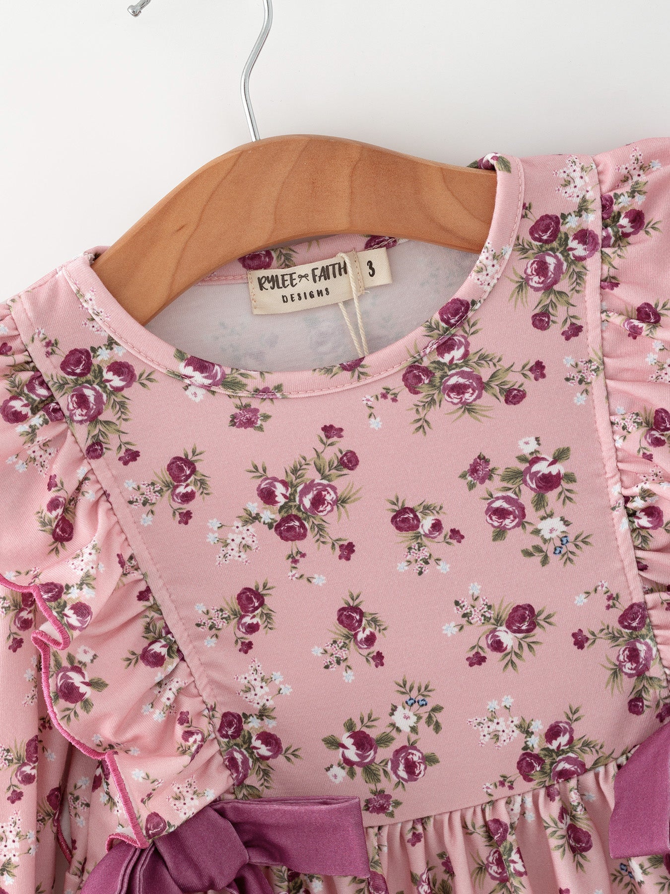 Fall Purple Rose Floral Girl Dress Bow Ruffle Long Sleeve Scalloped Hem
