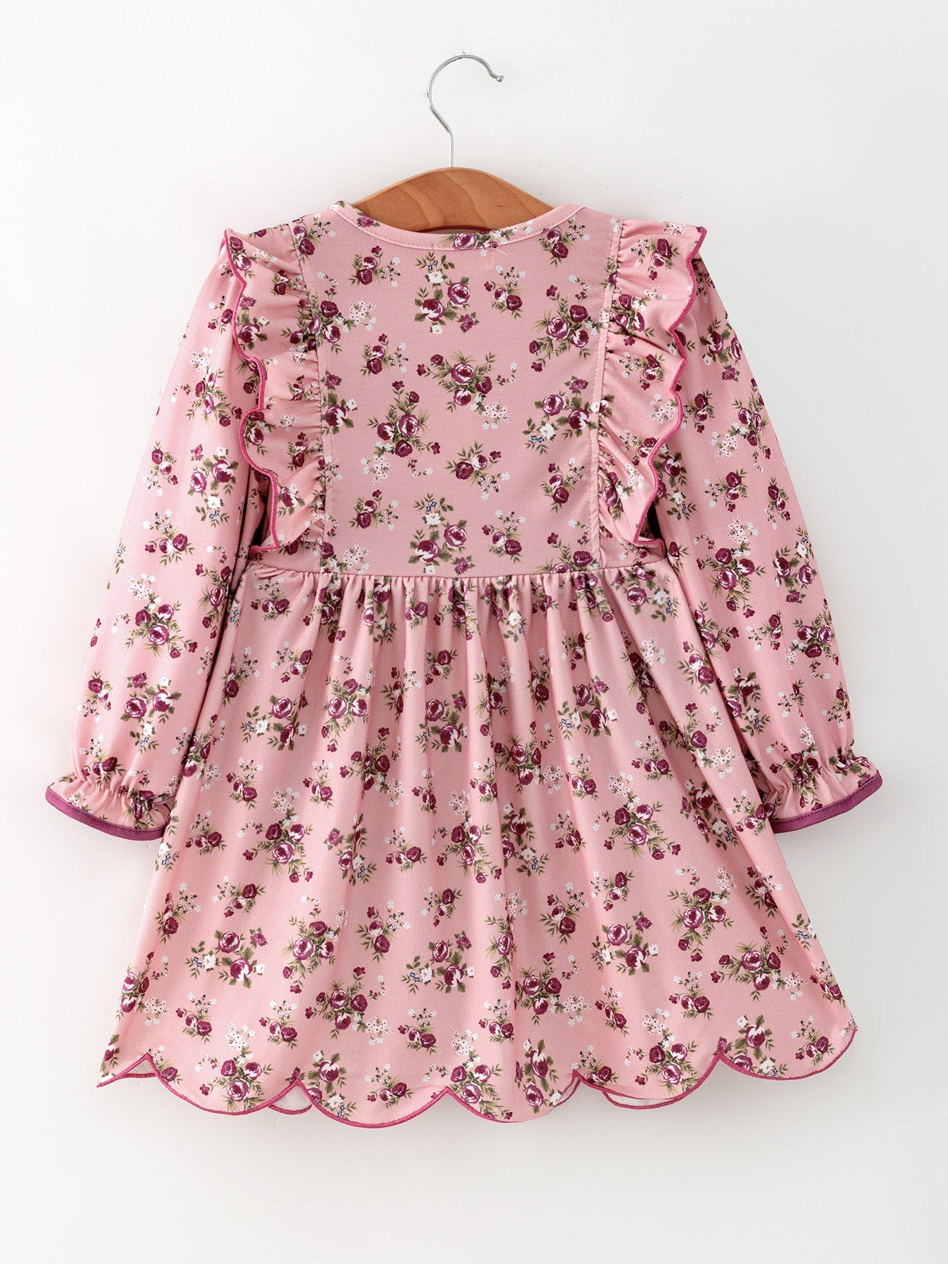 Fall Purple Rose Floral Girl Dress Bow Ruffle Long Sleeve Scalloped Hem
