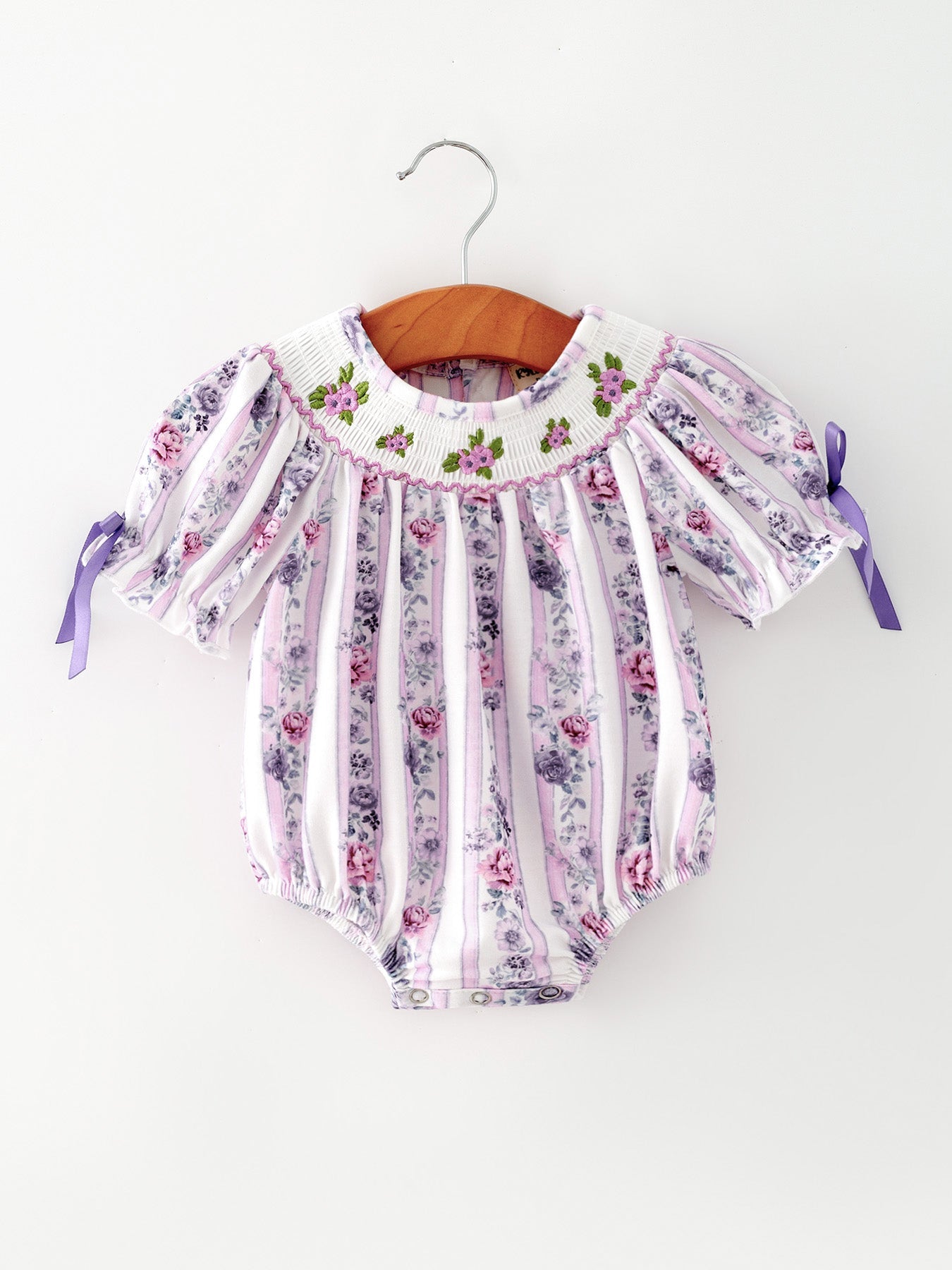 Fall Purple Floral Smocked Embroidered Baby Girl Romper
