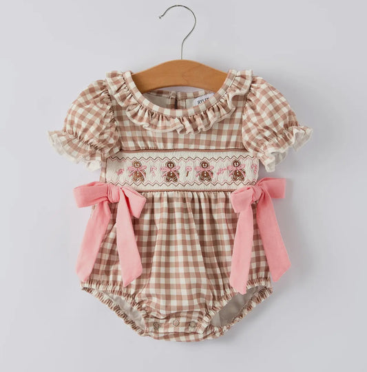 Christmas Vintage-Style Plaid Embroidered Gingerbread and Bows Girls Romper