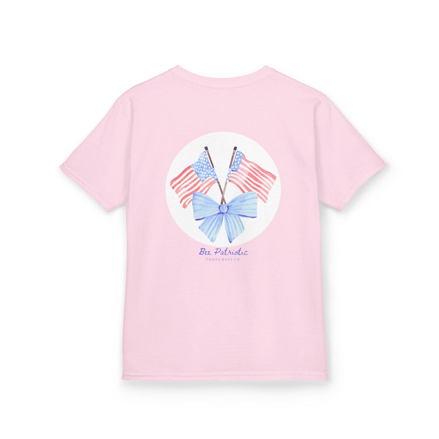 Bee Patriotic American Flag with Bow Girls Short Sleeve Youth Heavy Cotton Gildan Hive Tee
