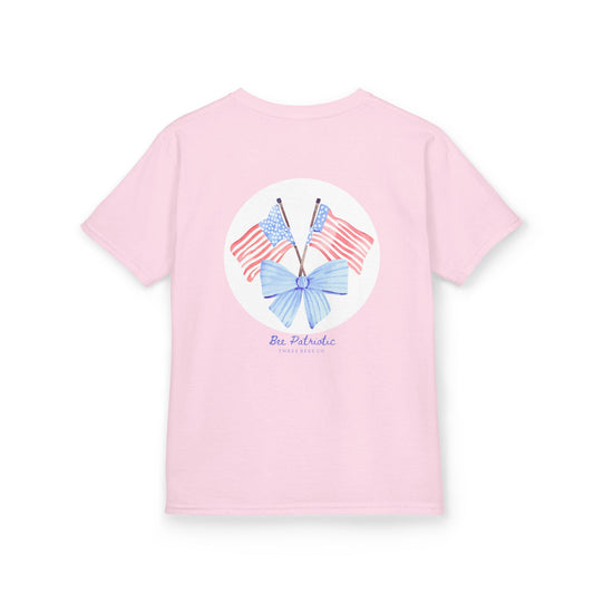 Bee Patriotic American Flag with Bow Girls Short Sleeve Youth Heavy Cotton Gildan Hive Tee