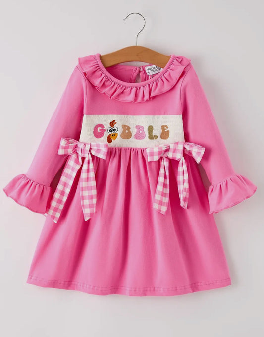 Fall Thanksgiving & Halloween "GOBBLE" Smock Embroidery Baby Girl Dress