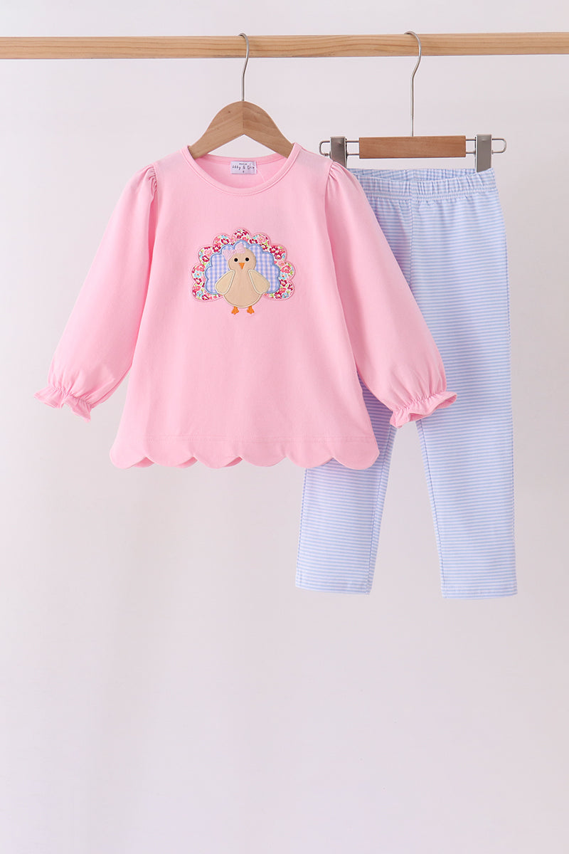 Pink turkey embroidery scalloped pants set
