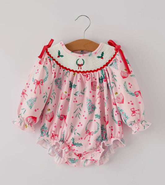 RTS- Winter Christmas Smocking Embroidery Colorful Girls Romper