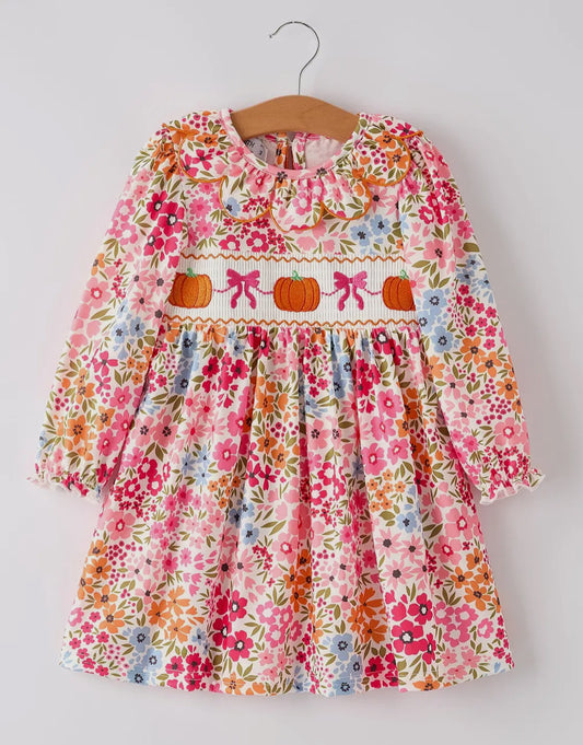 RTS- Smocked Pumpkin Floral Dress