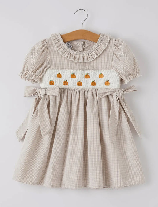 RTS- Tan Pumpkin Smocked Dress