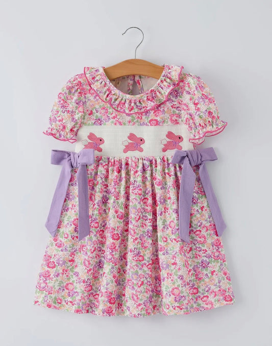 Easter Colorful Floral Bunny Embroidery Bow Ruffle Girl Dress