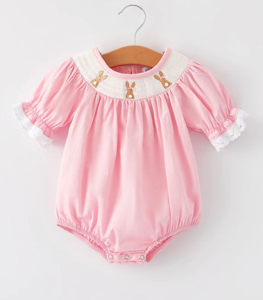 Girls Easter Bunny Smocking Embroidered Lace Cuff Pink Bubble
