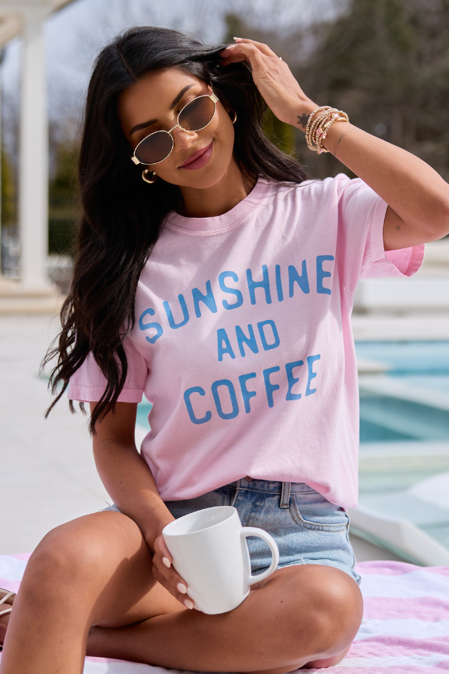 Sunshine And Coffee Light Pink Comfort Colors Graphic Tee SALE