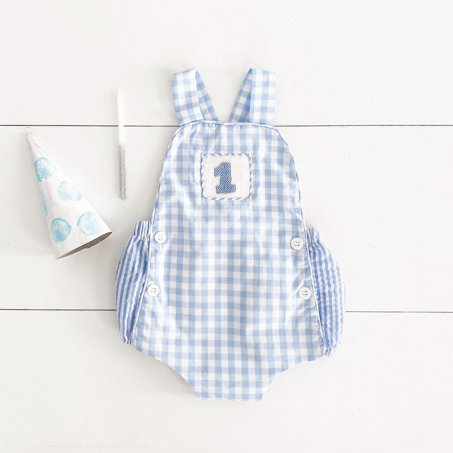Baby Boy First Birthday Outfit – Smocked Blue Birthday Bubble