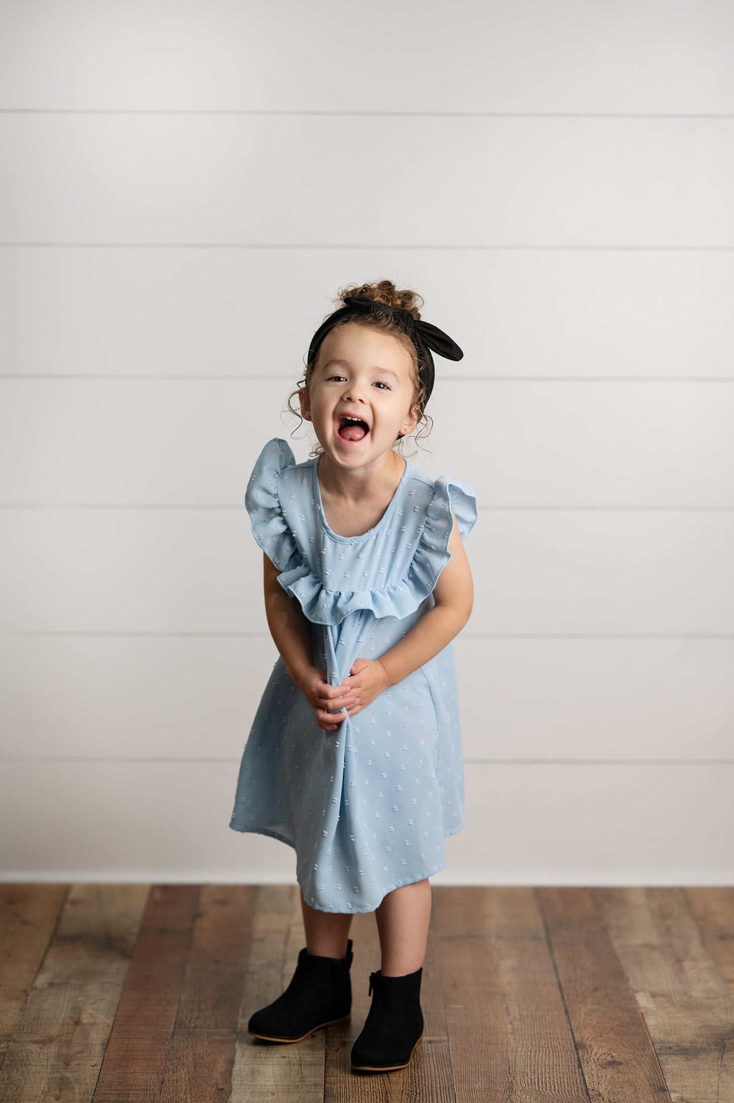 Blue Ruffle Bib Swiss Dot Dress
