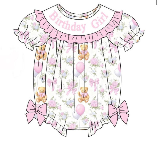 PO- "Birthday Girl" Smocked Teddy Bear Birthday Wishes Bubble (PINK)