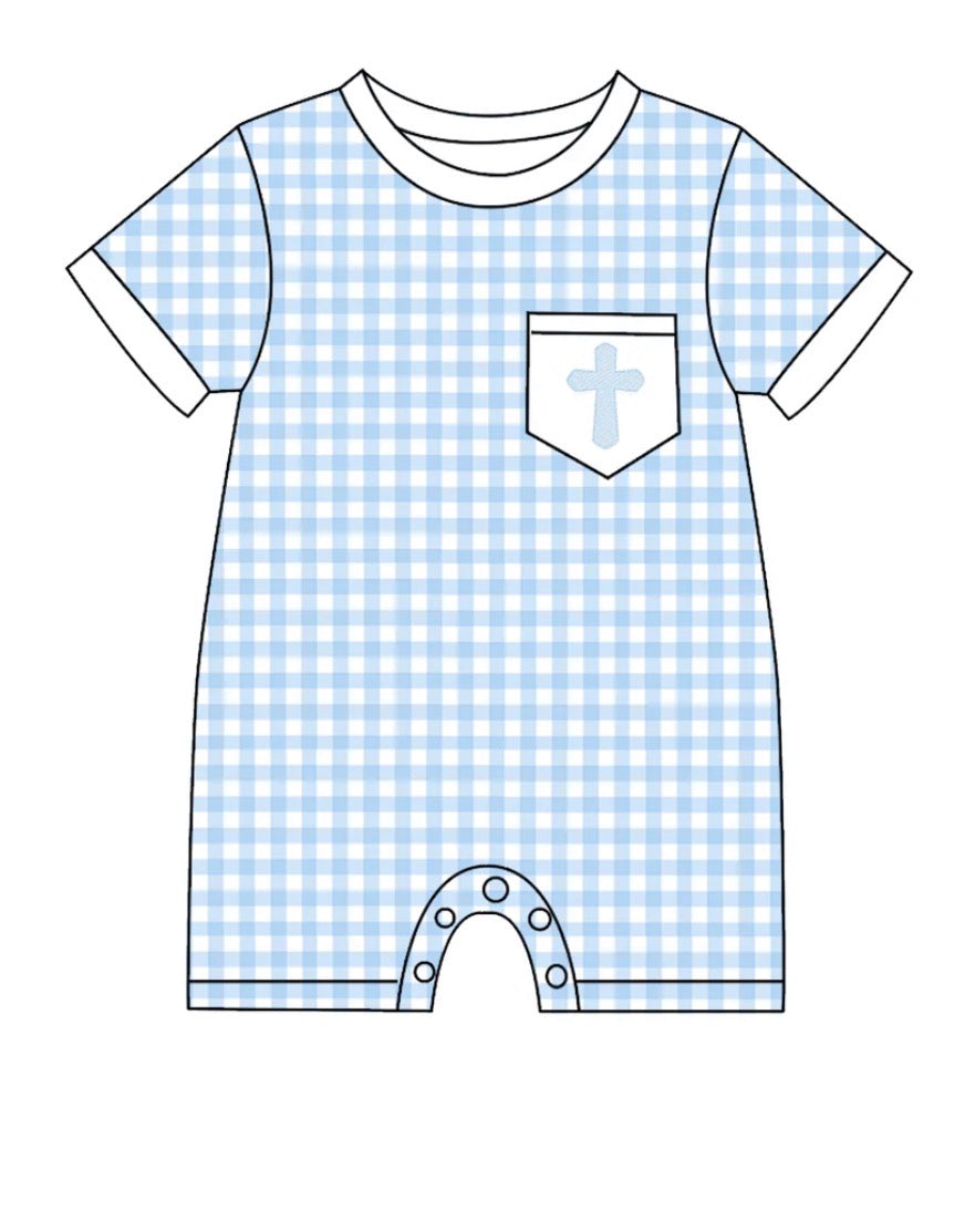 PO- EASTER CROSS EMBROIDERY SMOCKED BOYS ROMPER