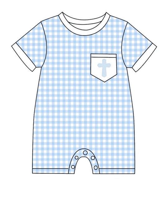 PO- EASTER CROSS EMBROIDERY SMOCKED BOYS ROMPER