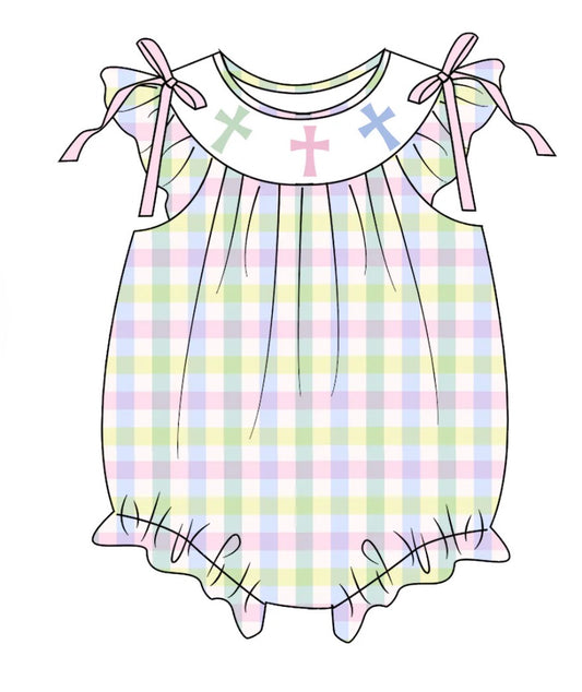PO- PASTEL PLAID EASTER CROSS EMBROIDERY SMOCKED