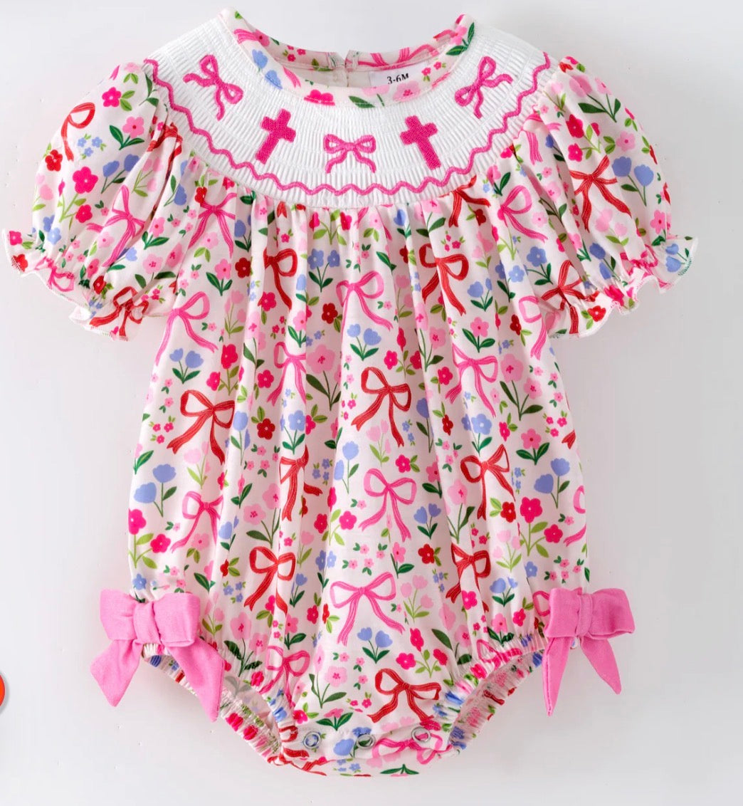 PO- Pretty In Pink bow & cross smocked bubble