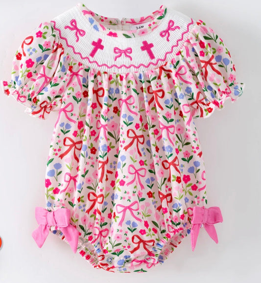 PO- Pretty In Pink bow & cross smocked bubble