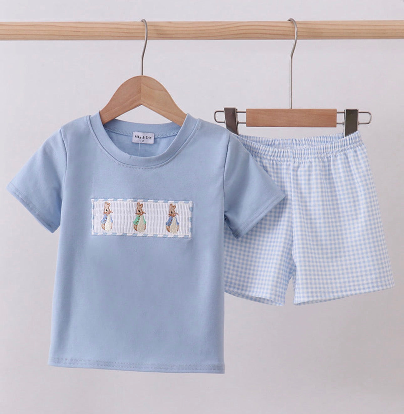 Blue bunny Embroidery shorts set