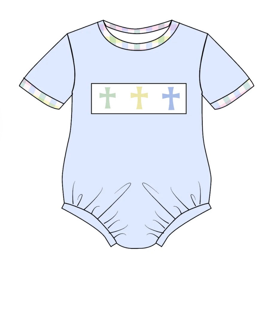 PO- PASTEL PLAID EASTER CROSS EMBROIDERY SMOCKED BOYS ROMPER
