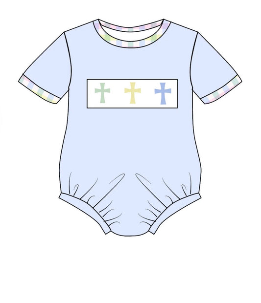 PO- PASTEL PLAID EASTER CROSS EMBROIDERY SMOCKED BOYS ROMPER