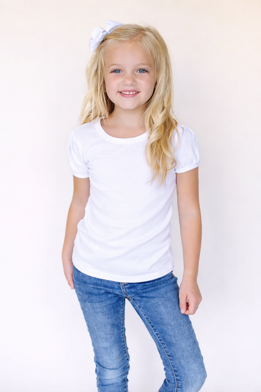 Girl's Poly/Cotton Shirt – White Blank | Tank, Ruffle & Puff Sleeve Styles | Sizes 12m–12Y