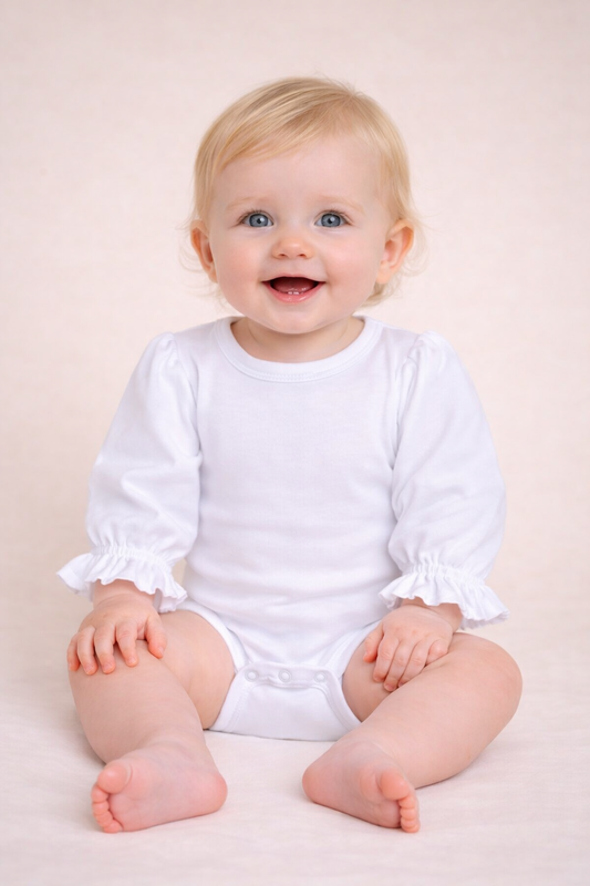 Long Sleeve Ruffle Baby Bodysuit – Cotton Blank for Embroidery & Boutique | 3 Colors | Newborn–12-18M