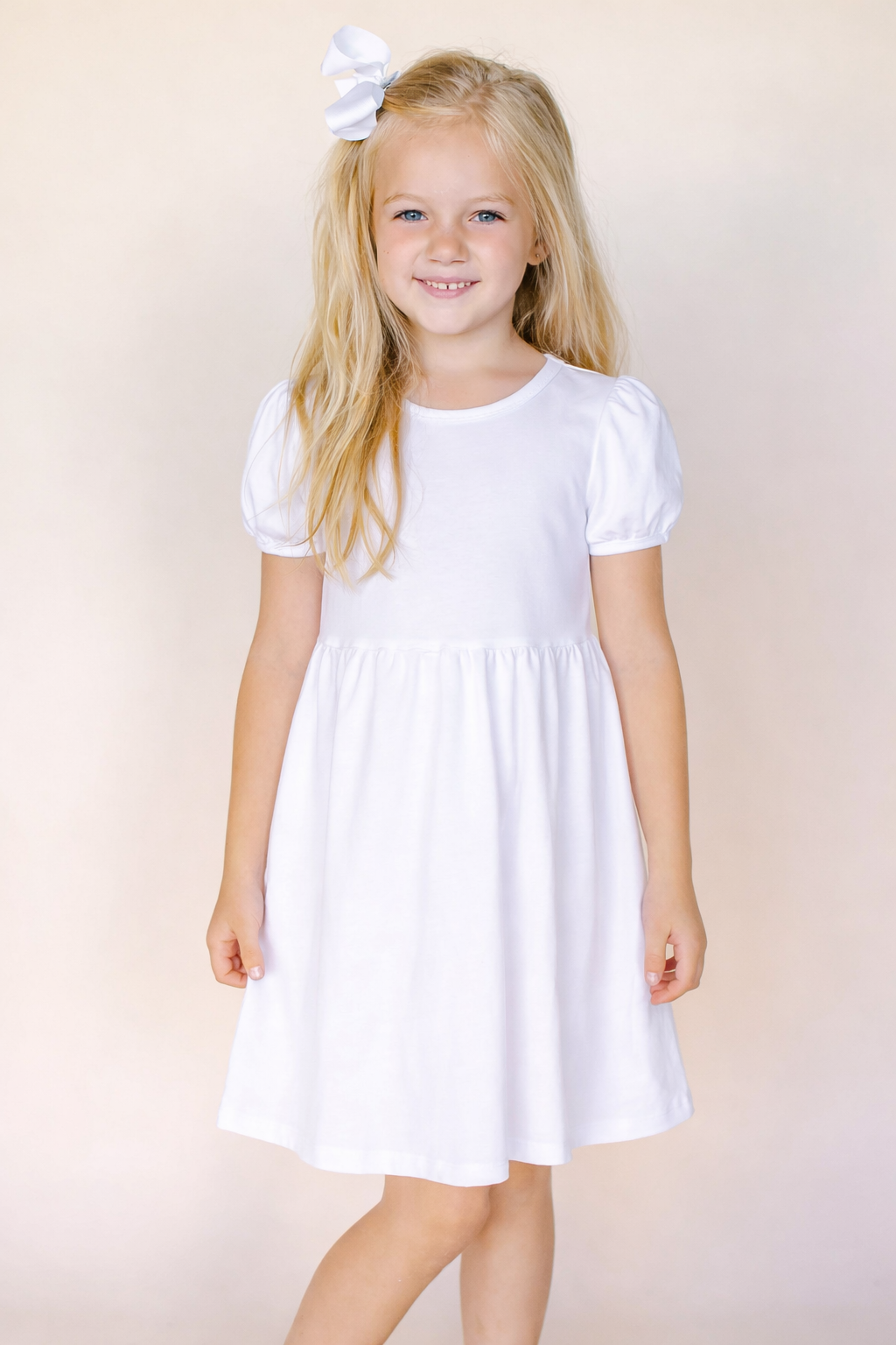 Girl's Puff Sleeve Empire Waist Dress – White Cotton Blank | Embroidery, HTV & Boutique | Sizes 12M–10