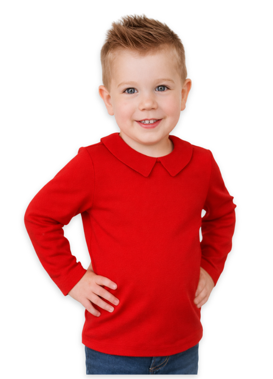 Boy's Peter Pan Collar Long Sleeve Shirt -- 100% Cotton Boutique Blank | White & Red | Sizes 12M-10