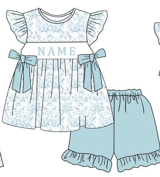 PO- CUSTOM Blue Blossom Toile Girls Shorts Set