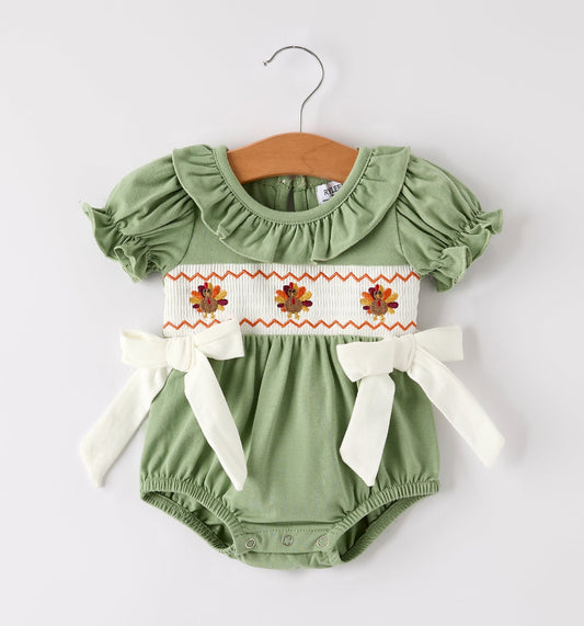 Fall Thanksgiving Chicken Smock Embroidered Green  Baby Girl Romper