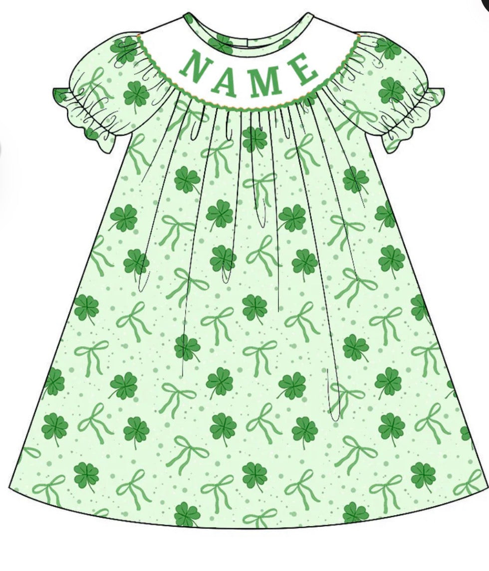 PO- CUSTOM SMOCKED CLOVERS & BOWS DRESS