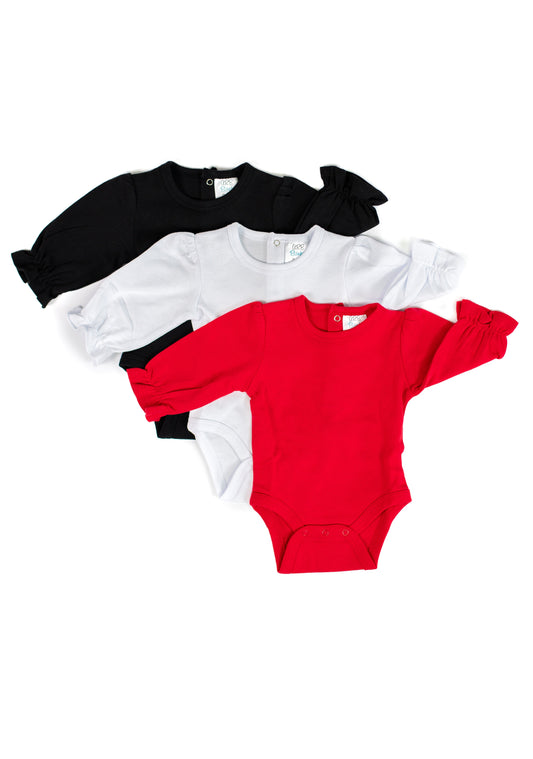 Long Sleeve Ruffle Baby Bodysuit – Cotton Blank for Embroidery & Boutique | 3 Colors | Newborn–12-18M