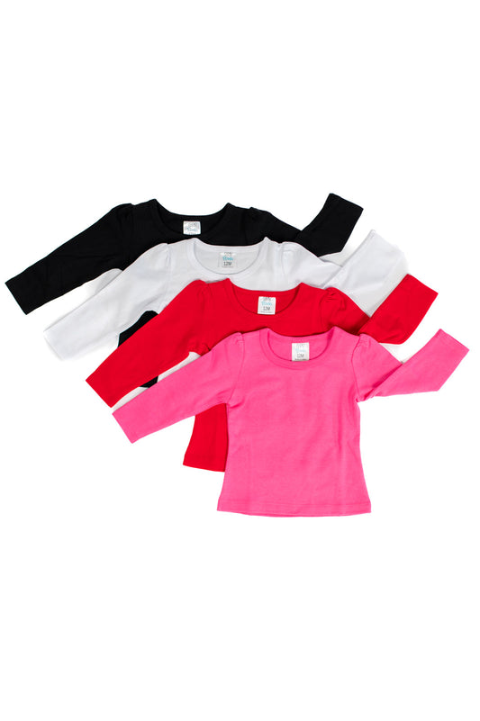 Girl's Long Sleeve Puff Shirt – Cotton Blank for Embroidery & Boutique | 4 Colors | Sizes 12M–12
